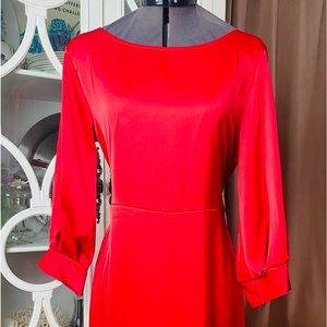 Beautiful Red Satin Holiday Dress with open V back and bow, Women’s Small